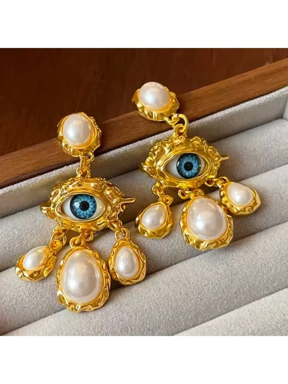 Gold-Tone Evil Eye Pearl Drop Earrings
